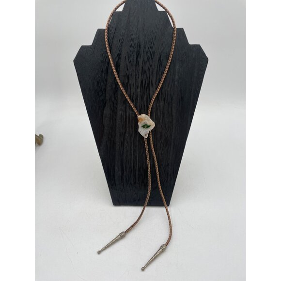 Vintage Bolo Tie Silver Tone Sliced Agate Stone Green Turtle - Picture 1 of 6